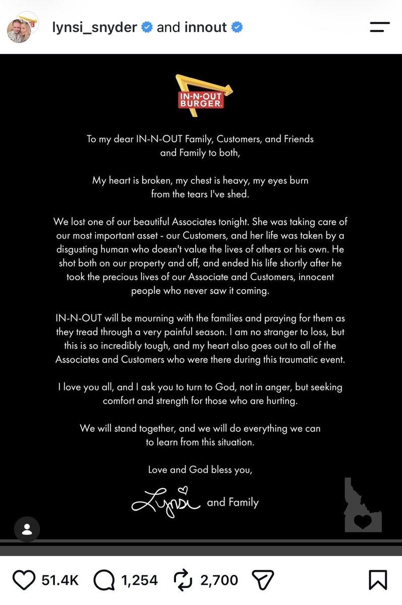 In-N-Out Burger President Lynsi Snyder releases statement on deadly mass shooting which left 3 dead and 7 injured in Twin Falls, Idaho